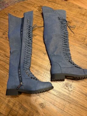 Mark & Maddux Navy Blue Lace-Up Over-the-Knee Women's Boots 6.5